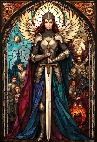 A female knight clad in intricate stained glass armor stands facing forward, leaning on the hilt of an upside-down sword. Vibrant stained glass panels behind her depict medieval battles, angelic beings, and a fiery dragon, bordered with ivory and gold filigree. She wears a delicate filigree tiara and has large, angelic wings.