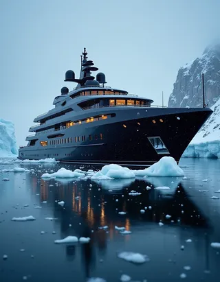 Luxury black yacht anchored near iceberg in snowy arctic waters, warm lights glowing from windows reflecting on calm water.