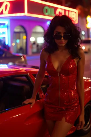 Woman in a sparkly red dress with black sunglasses and puffy hair, standing next to a red Lamborghini under neon lights in Miami at night.