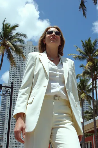 Woman wearing white suit and sunglasses standing in front of Miami palm trees and office skyscrapers under a bright blue sky, viewed from a low angle.