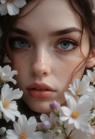 Close-up hyper-realistic portrait of a young woman with blue eyes and freckled skin, surrounded by delicate white and pink flowers with soft natural lighting.