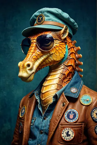 Realistic cartoon-style seahorse wearing aviator sunglasses and a vintage hat, dressed in an old world jacket adorned with patches.