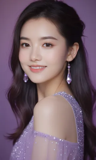 Portrait of a smiling young woman with soft skin and glitter makeup, wearing purple sparkling dress and earrings against a pure purple background.