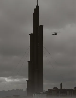 Dark, tall dystopian skyscraper in an Eastern European city with wires connected to it, under a cloudy sky and a grey helicopter hovering nearby.