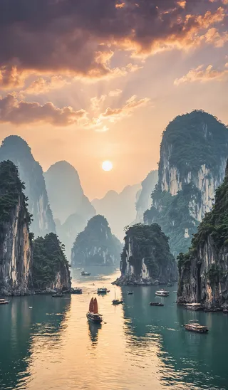 Dreamy sunset over Halong Bay in Vietnam featuring karst mountains, calm water with boats, and vintage style tones