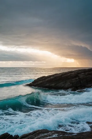 View of Norway's coastline featuring rocky cliffs, turquoise foamy waves crashing on shore under a stormy sky with a luminous sunset breaking through clouds.