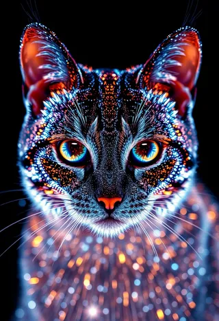 Photorealistic cat composed of colorful, glowing light brights with piercing deep blue eyes featuring golden flecks on a black background.