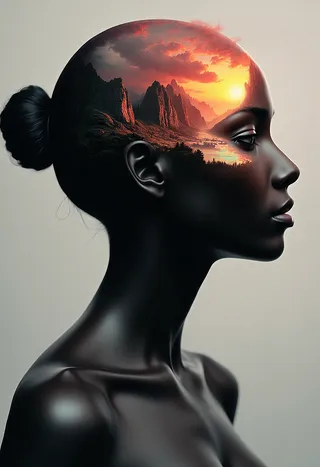 Side profile of a female figure with smooth black skin and a semi-transparent head revealing a sunset-lit rocky mountain landscape within.