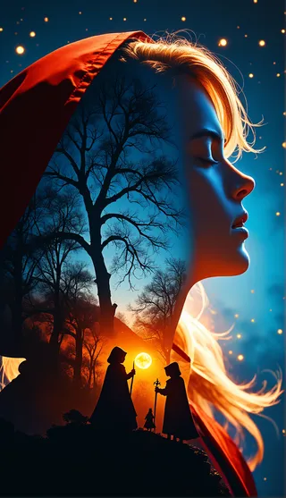 Double exposure portrait featuring a woman's face in profile with red hood and closed eyes, superimposed with silhouettes of cloaked figures and a forest under moonlight.
