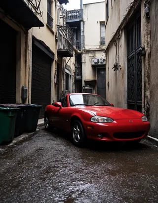 Red Mazda Miata convertible parked in a narrow, grimy alleyway with wet pavement, trash cans along the side, and hanging electrical wires above.