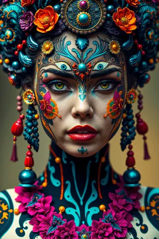 Close-up portrait of a supermodel with intricate colorful face paint and detailed tattoos, adorned with vibrant flowers and elegant jewelry.