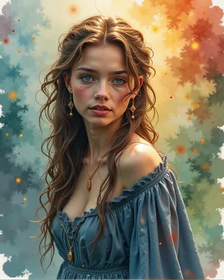 Portrait of a stylish, sensual young woman with long wavy hair in a blue off-shoulder dress and gold jewelry, painted in a watercolor and grunge style.