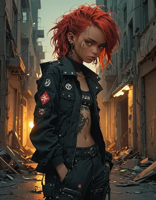 3D hyper realistic portrait of a punk style girl with messy red hair wearing a black jacket and pants, standing in a dystopian ruined urban environment at night with dramatic side lighting and hard shadows
