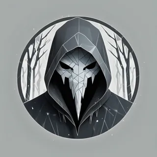 Low poly style logotype featuring a hooded ominous cyclops figure with one eye visible from shadows, in grey and black colors within a circular frame with bare trees.