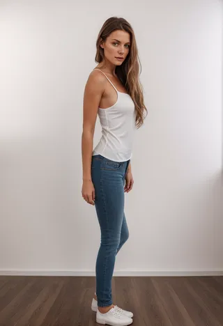 A photorealistic image of a woman with an hourglass slim figure standing sideways in a room with a white wall and wooden floor, wearing a white tank top, blue jeans, and white sneakers.