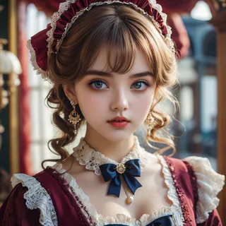 Elegant young woman in Victorian fashion with lace dress, blue eyes, and antique earrings in soft, warm lighting.
