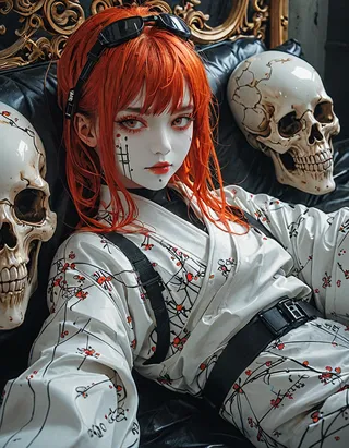 Woman with white geisha-style face paint and red hair wearing aviator goggles and white kimono with red floral patterns reclining on a skull-shaped sofa.