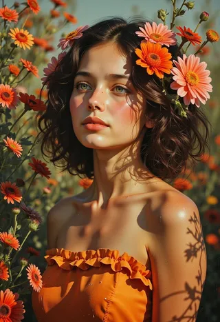 Sunlit portrait of a young woman with turquoise eyes wearing an orange dress and flower crown, surrounded by orange daisies in a garden background.