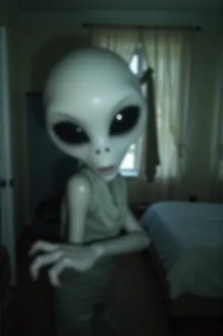 Blurry photo of a grey alien with large black eyes in a dimly lit bedroom, reaching towards the viewer, with an open window and curtains in the background.