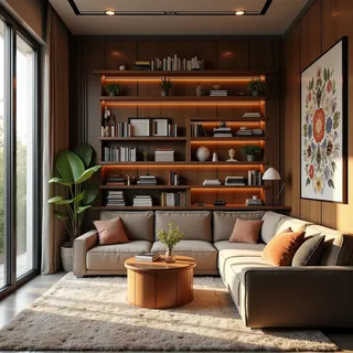 Cozy and clean foyer with beige sectional sofa, wood-paneled wall and illuminated wooden shelves filled with books and decor, featuring a round wooden coffee table and a floral wall art.