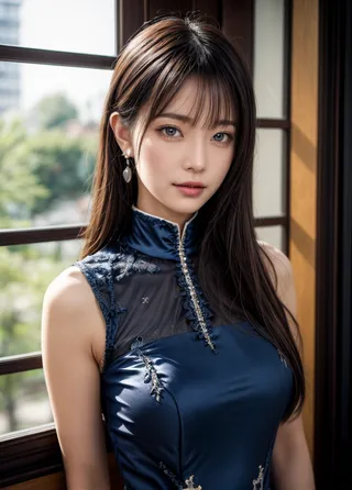 Portrait of a Japanese woman with blue eyes wearing a dark blue cheongsam with intricate embroidery, standing by a window in a luxurious space.