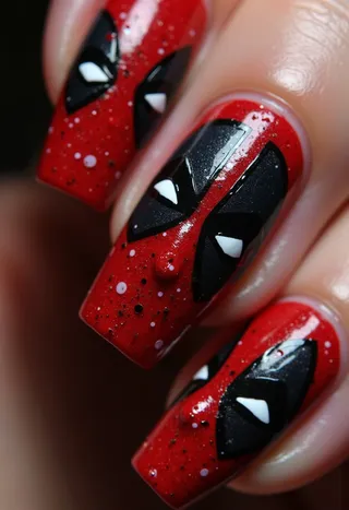 Close-up of medium length coffin nails featuring Deadpool face nail art with bold red and black colors, white eye patches, and sword silhouette accent nail.