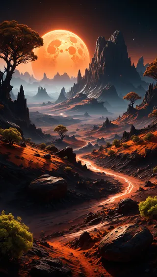 A dark alien planet landscape featuring glowing trees, rocky and organic soil terrain winding through distant jagged mountains under a colossal glowing orange moon in high detail.