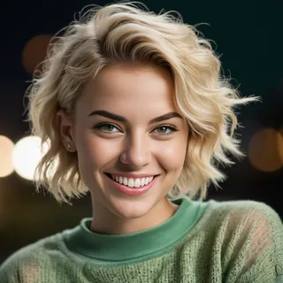 Close-up of a laughing young woman with a wavy blonde pixie cut, wearing a light green sheer sweatshirt, detailed skin texture, and vibrant lighting.