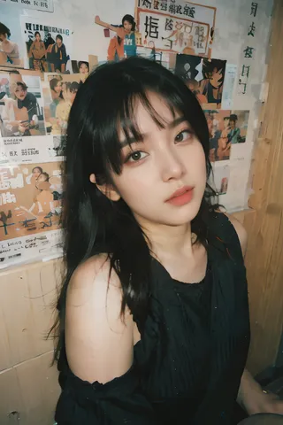 Close-up portrait of a young woman with black hair and bangs, wearing a black off-shoulder top, indoors with a wall of photographs and posters behind her.