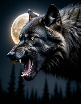 Shoulder-level close-up of a growling huge black timber wolf with yellow eyes, illuminated by cinematic lighting, with a full moon and dark forest silhouette in the background.