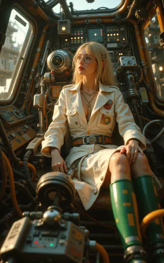 A blonde woman with glasses and long hair sits in a futuristic dieselpunk cockpit surrounded by mechanical controls and cables during golden hour lighting.