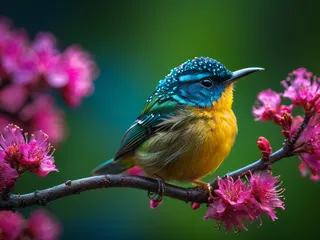 Close-up macro photo of a colorful bird with detailed feathers sitting on a branch with pink flowers, sharp focus with a green blurred background.