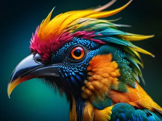Close-up macro photography of a majestic exotic bird head with colorful feathers in sharp focus and intricate details.