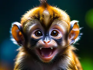 Close-up macro photograph of a baby monkey smiling with vibrant colors and intricate facial and skin details under sharp focus.