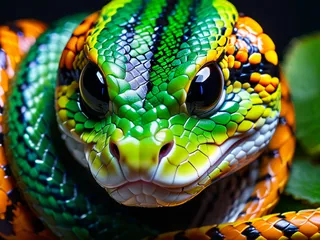 Close-up macro photography of a poisonous snake head showing colorful and highly detailed scales with sharp focus on the eyes and skin texture.