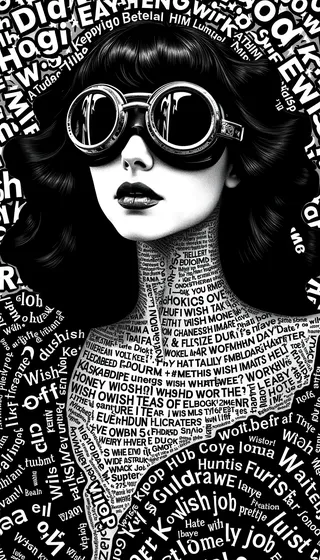 Close-up black and white portrait of a goth girl wearing large round goggles, composed entirely of varied text forming her face, hair, and shoulders.