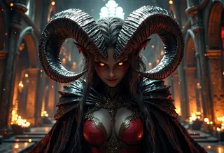 A female succubus with large curved horns, glowing yellow eyes, and dark armor stands menacingly inside a dilapidated church with red stained-glass windows and dramatic lighting.