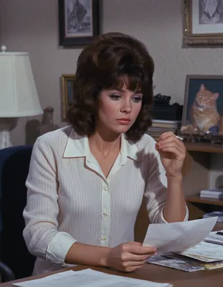 A 1980s corporate office scene featuring a business woman with styled brown hair wearing a white striped blouse, sitting at a cluttered desk, smoking a cigarette and reading a document. A framed photo of a cat is visible in the background on a shelf.