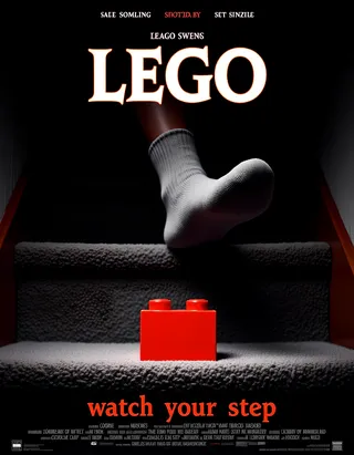 A horror movie poster with dark background showing a single red LEGO brick on a carpeted stair step and a socked foot raised to step on it, titled 'LEGO' with tagline 'watch your step'.