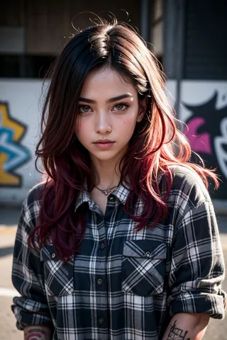 Portrait of a confident young woman with colorful hair, wearing an oversized flannel shirt, standing against a vibrant graffiti backdrop with light beams streaming through haze.