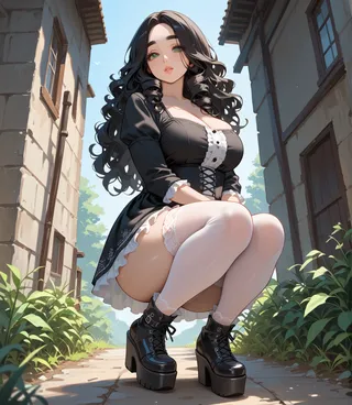 Voluptuous anime-style female with curly black hair and greenish hazel eyes wearing a gothic lolita attire crouching in an outdoor alley with platform boots and lace stockings.
