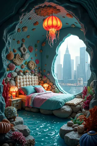 Underwater bedroom with a stone bed adorned with shell-patterned linens, glowing jellyfish lamps, coral accents, and a window showing a cityscape.