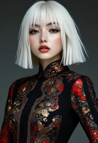 Photorealistic portrait of a Japanese supermodel with white straight-cut bob hair wearing a black, gold, and red intricately patterned cheongsam.