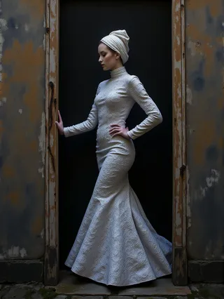 Aristocratic woman in 1960s-style white textured gown and headwrap posed in a worn Gothic doorway with dark background