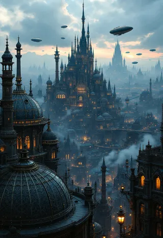 Un vasto panorama steampunk all'alba con edifici scuri intricati dotati di guglie e cupole, diverse navi volanti che fluttuano nel cielo nuvoloso e luci calde che brillano da finestre e lampioni.