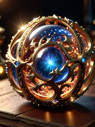 Close-up of a magical glowing orb with a blue inner light, surrounded by intricate golden filigree and set on an open book, highlighting detailed fantasy design.