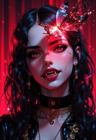 A striking vampire girl with black hair and fangs illuminated by soft red light, wearing gold jewelry and a leather jacket, captivated by a radiant glowing butterfly.