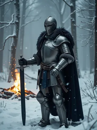 Knight in full battle armor with fur accents and dark cape holding a black-bladed sword, standing in a snowy forest with a fire burning in the foggy background.