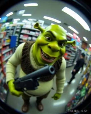 Blurry fisheye lens surveillance shot of evil Shrek holding a shotgun and smiling menacingly inside a store aisle, with a timestamp caption on the top.