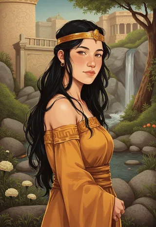 Portrait of a young ancient Greek princess with long black hair wearing a traditional yellow Greek dress, set in a lush garden with rocks and a small waterfall.